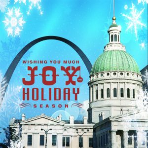 Happy holidays graphic with the arch and old courthouse