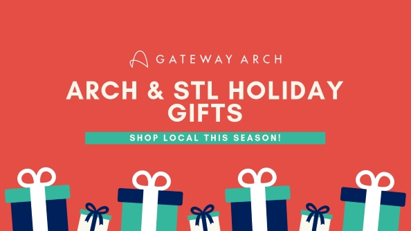 Blue and teal presents sit on a festive red background to showcase Arch & STL holiday gifts