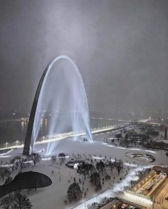 The Arch and lights in the snow