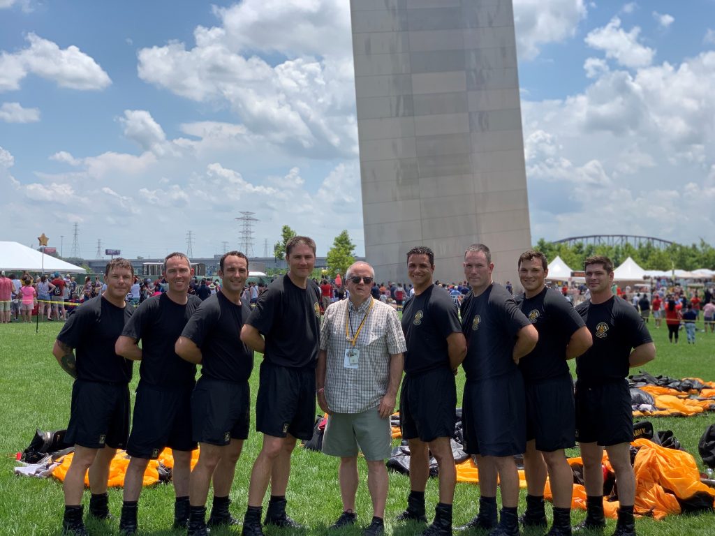 Superintendent of Gateway Arch National Park Mike Ward poses with the U.S. Army Golden Knights at Fair Saint Louis.