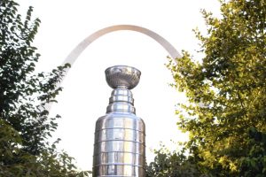 The Stanley Cup stands proud in front of the Gateway Arch