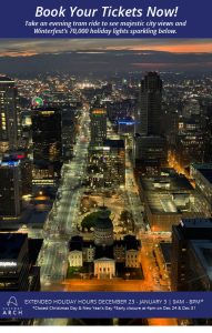 Old Courthouse and city lights from top of the Arch