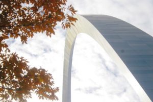 Leaves fall around the Gateway Arch