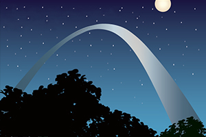 Cartoon picture of the Gateway Arch and the moon at night