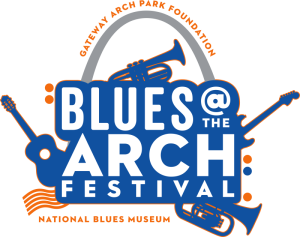 Logo for the Blues at the Arch festival with musical instruments and the Gateway Arch set behind the festival title